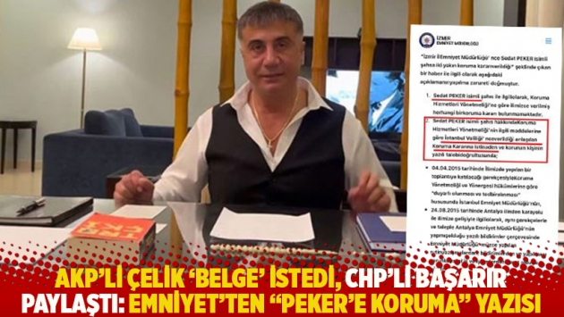 AKP’li Çelik ‘belge’ istedi, CHP’li Başarır paylaştı: Emniyet’ten “Peker’e koruma” yazısı