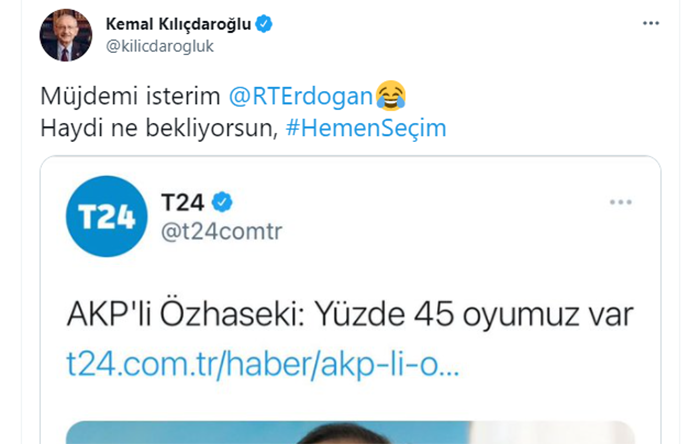 AKP’li Özhaseki, ‘Oyumuz yüzde 45’ deyince Kılıçdaroğlu seçim çağrısı yaptı: Hadi o zaman!