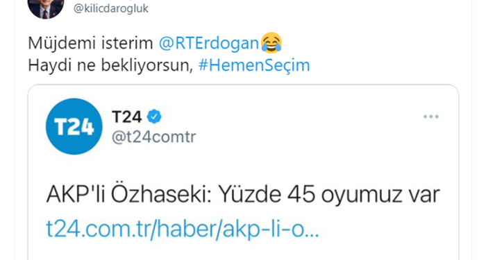 AKP’li Özhaseki, ‘Oyumuz yüzde 45’ deyince Kılıçdaroğlu seçim çağrısı yaptı: Hadi o zaman!
