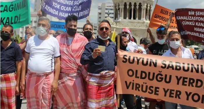 ‘Normalleşme’ dışı kalan hamamcılar peştamalla eylem yaptı