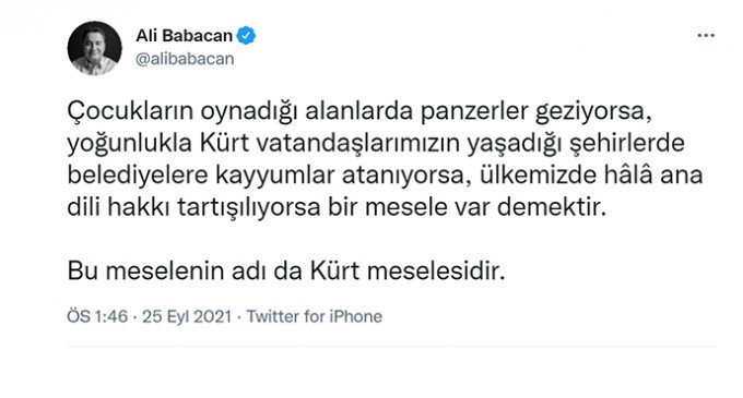 Babacan’dan ‘Adı Kürt meselesidir' paylaşımı