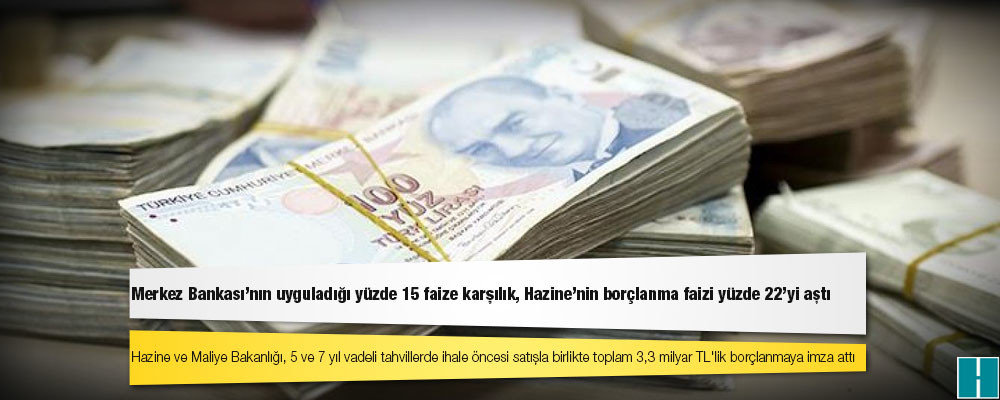 Merkez Bankası'nın uyguladığı yüzde 15 faize karşılık, Hazine'nin borçlanma faizi yüzde 22'yi aştı