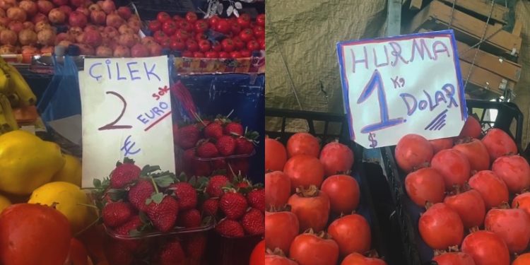 Siirt'te pazarcılar fiyatları etiketlere dolar ve euro olarak yazdı