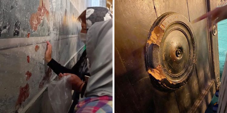 Kapısı ‘yenen’ Ayasofya’nın duvarları da poşetlenip götürülüyor