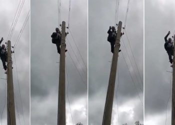 Köy muhtarı elektrik kesintisini protesto için direğe çıktı