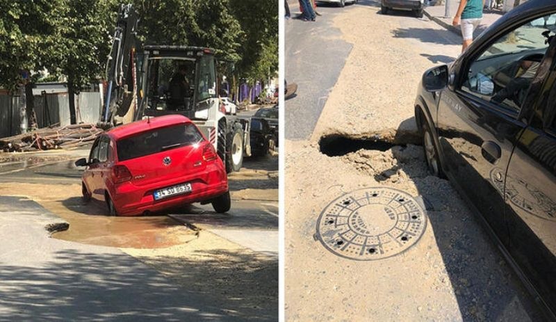 Büyükçekmece'de çalışma yapılan yol çöktü, iki araç çukura düştü