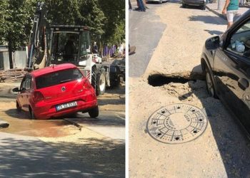 Büyükçekmece'de çalışma yapılan yol çöktü, iki araç çukura düştü