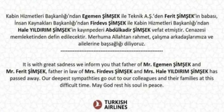 THY'deki aile kadrolaşması cenaze ilanıyla ortaya çıktı: Şimşek Airlines