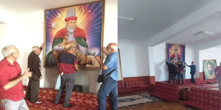 Hüseyin Gazi Cemevi’nde Erdoğan'ın ziyareti için kaldırılan portreler eski yerlerine asıldı