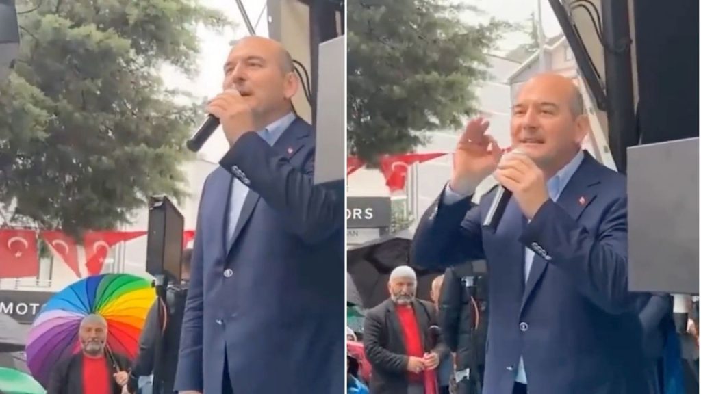 Soylu’nun konuşması sırasında renkli şemsiye sansürlendi