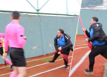 Trabzon'daki amatör maçta 1967 Değirmenderesporlu yönetici, hakemlere bayrak direğiyle saldırdı