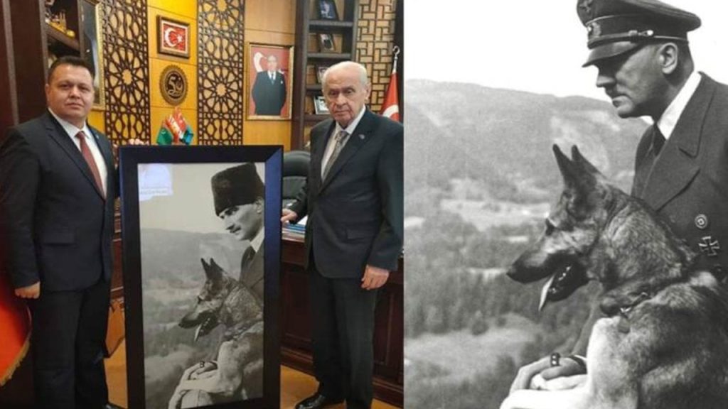 MHP’li başkan, Bahçeli’ye Hitler’in Atatürk montajlı fotoğrafını hediye etti