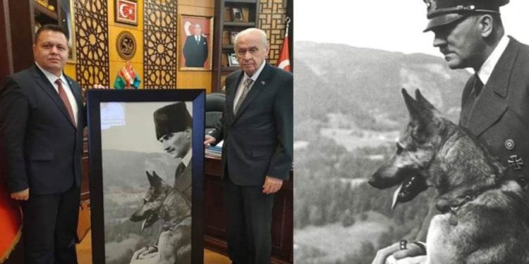 MHP’li başkan, Bahçeli’ye Hitler’in Atatürk montajlı fotoğrafını hediye etti