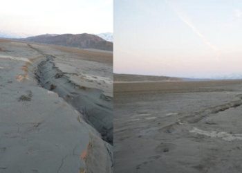 Depremde fay kırığı olduğu düşünülen şeklin sıvılaşma sonucu ortaya çıktığı tespit edildi