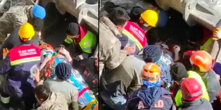 Kahramanmaraş'ta depremde yıkılan binanın enkazında kalan Cemile Kekeç (74), depremden 227 saat sonra kurtarıldı. Kekeç, enkazdan çıkarılmasının ardından iş makinesinin kepçesine konularak ambulansa götürüldü.