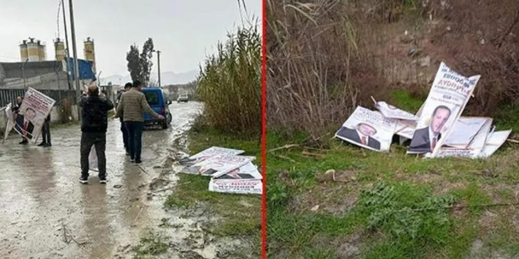 Erdoğan'ın afişlerini söküp dereye attılar