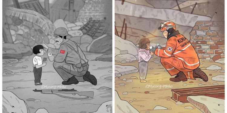 Güney Koreli çizer, Türkiye'ye deprem yardımlarını 73 yıl önce Türk askerinin ülkelerine desteğini hatırlatarak vurguladı