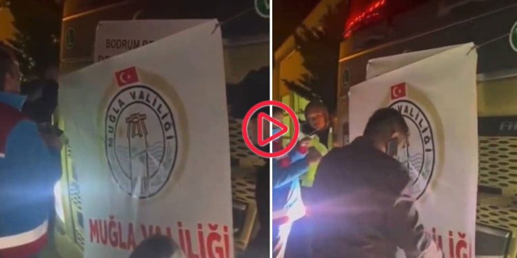 Muğla Valiliği, Bodrum Belediyesi'nin yardım TIR'ına kendi pankartını astı