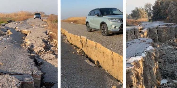 Görüntüler Asi nehrinin kenarından; deprem asfalt yolu paramparça etmiş