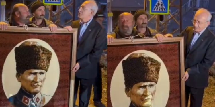 Malatya'da bir depremzede Kılıçdaroğlu'nun yolunu kesti, baba hatırası Atatürk resmini hediye etti