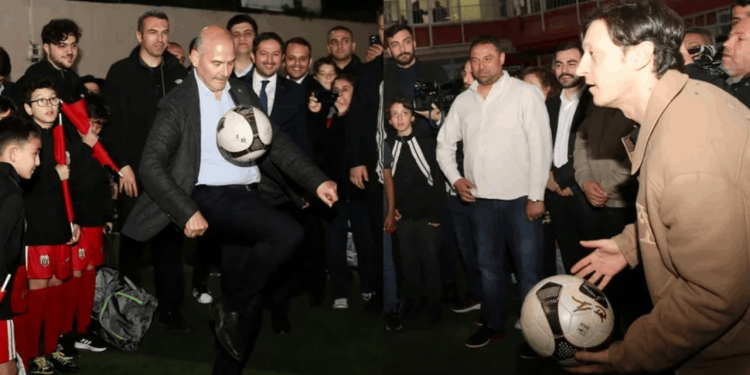 Bir süre önce bastonla geziyordu: Soylu, şimdi de Mesut Özil ve Fatih Akyel'le top oynadı