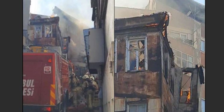 Beyoğlu'nda yangın çıkan metruk bina kısmen çöktü