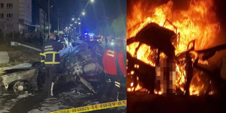 Niğde’de feci kaza: Önce yayaya ardından direğe çarpan otomobil yandı; 3 ölü
