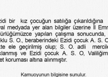 Valilik açıkladı: Êzidî kız çocuğu koruma altına alındı, DAİŞ’li tutuklandı