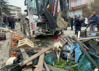 Artvin’de freni boşalan iş makinesi pazara daldı