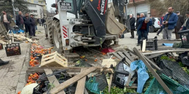 Artvin’de freni boşalan iş makinesi pazara daldı