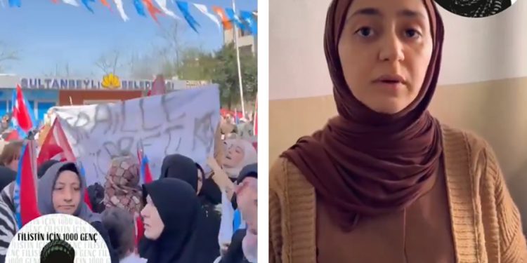 Erdoğan’ın mitinginde ‘İsrail’e ticareti kes!’ pankartı açanlara ters kelepçe