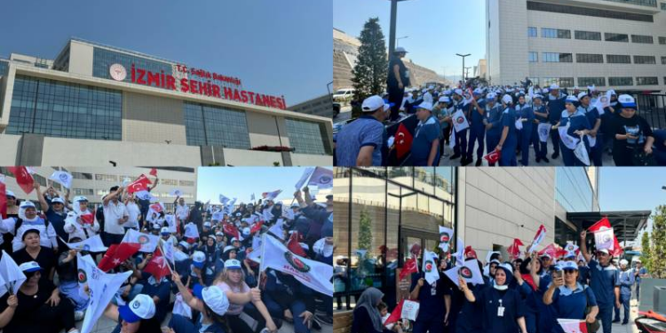 İzmir Şehir Hastanesi'nde temizlik işçileri iş bırakarak düşük ücret ve yoğun çalışma koşullarını protesto etti