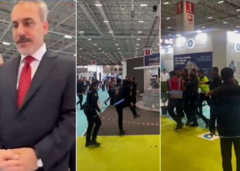 Hakan Fidan’a İsrail’e silah satan firmayı soran vatandaşa korumalardan anında müdahale; protesto eden gazeteciye de gözaltı