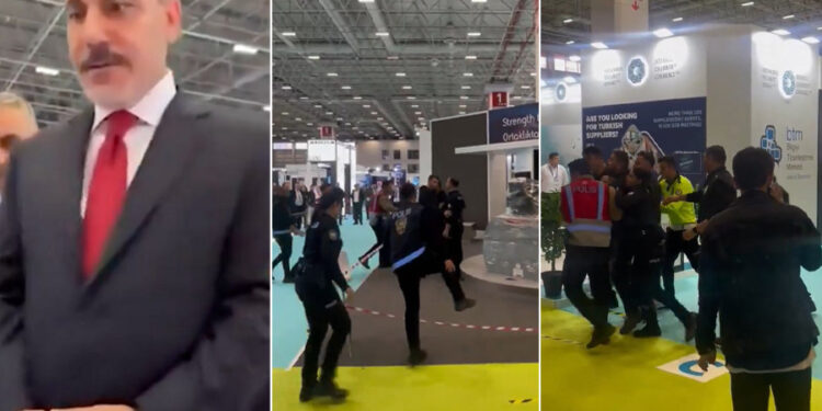 Hakan Fidan’a İsrail’e silah satan firmayı soran vatandaşa korumalardan anında müdahale; protesto eden gazeteciye de gözaltı