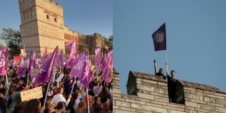 İkbal Uzuner’in katledildiği surda “Kadın cinayetlerini durduracağız” bayrağı açıp gözaltına alınan 2 kişi adli kontrolle serbest bırakıldı