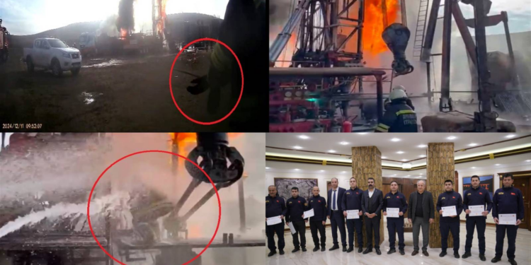 "Helallik" isteyip yanan petrol kuyusunun vanasını kapatan itfaiyeci ve arkadaşlarına başarı belgesi