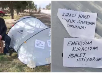 Mahkemenin kira artış kararını protesto için adliyenin karşısına çadır kurdu; "Gerekirse açlık grevine başlayacağım!"