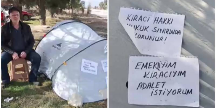 Mahkemenin kira artış kararını protesto için adliyenin karşısına çadır kurdu; "Gerekirse açlık grevine başlayacağım!"