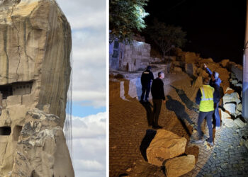 Nevşehir'in simge noktalarından Kadıkalesi’nden kaya parçası düştü; 3 ev tahliye edildi