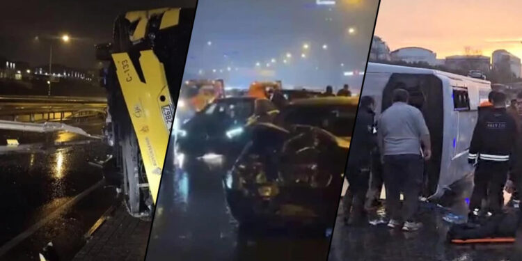 İstanbul'da Sağanak Sonrası Peş Peşe Kazalar! Servis Minibüsü Devrildi