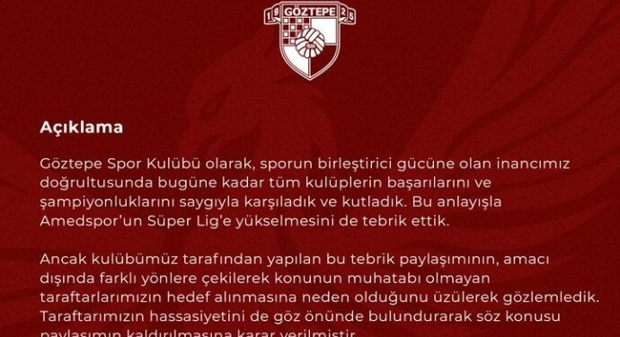 Göztepe, Amedspor tebrik paylaşımını kaldırdı