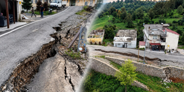 Rize'de Sel Dehşeti: İyidere'de Yol İkiye Bölündü, 60 Santimetre Çöktü